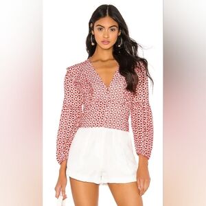Bardot Camille Plunge Floral Eyelet Puff-Sleeve Top Blouse In Deep Red